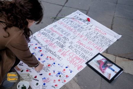 A pledge signed by allies (who also left their fingerprint) will be delivered to Topacio's family at the beginning of May. It states: ""In honour of Topacio Reynoso and in solidarity with all those resisting Canadian mining, I commit to continue in the struggle."