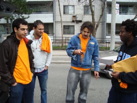 Media co-op did participant reporting with this crew of youth as they went through St. Jamestown, getting out the vote for the NDP.