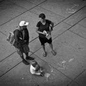 Drawing political slogans with chalk on the ground seems to have caught on since the mass chalking after Jack Layton's death. Children especially enjoyed this activity.