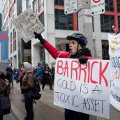 "Barrick Gold is a Toxic Asset" Teacher protests outside Barrick AGM after years of working to get his pension fund (Ontarios Teachers Pension Fund) divest from Barrick. photo: allan.lissner.net