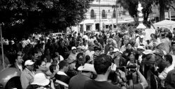 Nov. 27, 2009 - Demonstrations go ahead as planned, and hundreds fill the square in front of Congress, where the coup-leaders are safely protected by police and military.  The demonstration is smaller than normal, as people are worried about the consequences of actively opposing the elections in light of radio announcements threatening all Hondurans with arrest and incarceration if they demonstrate against the elections.Nov.