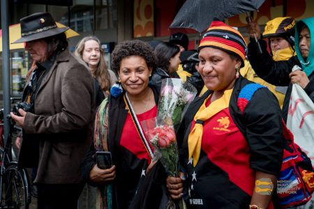 Jocyelyn and Everlyn were given flowers as they left Barrick's AGM.