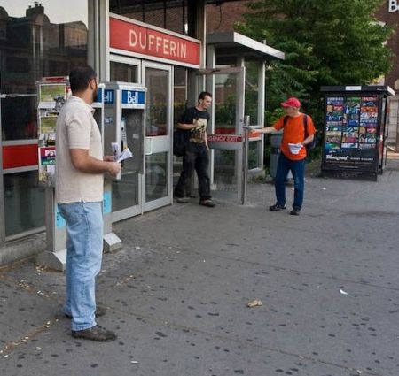 Members of the Free and Accessible Transit campaign hand out flyers in this undated photo. (photo credit: Pance Stojkovski)