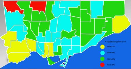 Map of % of population registered by ward