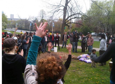 Occupy Gardens people plant a garden in Queens Park, a 'peaseful' direct action. Photo from Media Wrench