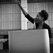 A truck was set up as a stage for speakers, which were translated into sign language live.