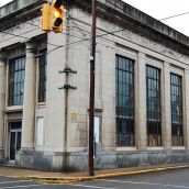 The derelict but grand National Bank of Toronto building. Note the radiation sign on the side, it was designated as a fallout shelter at some point.