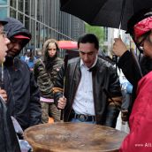 Cheif Arlen Dumas joins Eagle Heart drummers outside Hudbay AGM (w/ Pam Palmateer also in attendance!)