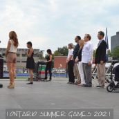 Reciting O Canadá. National Anthem sung by the Regent Park School of Music  Supporting the athletes were Honourable David C. Onley, Lieutenant Governor of Ontario; the Honourable Michael Chan, Minister of Tourism Culture and Sport; Councillor Norm Kelly (Ward 40 Scarborough Agincourt), Chair of the Parks and Environment Committee; Rahul Bhardwaj, Chair of the 2012 OSG Organizing Committee; Karen Pitre, Vice Chair of the OSG Organizing Committee; and Holly Abraham, Chair of Sport Alliance Ontario