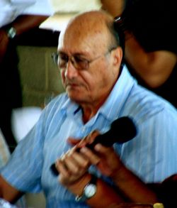 Nov. 30, 2009 - Carlos H. Reyes, former independant Presidential candidate, speaks to the press and the crowd at the STIBYS union hall.  Reyes was confirmed as a candidate before the coup, and remained a candidate into October in the hopes that the coup regime would recognize its illegitimacy and restore constitutional order.  They didn't and, after he himself was hospitalized from a police blow to the head at a peaceful rally, Reyes and dozens of candidates at all levels withdrew in protest.