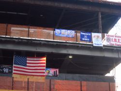 Across the street union signs hang from a building under construction at the world trade centre site